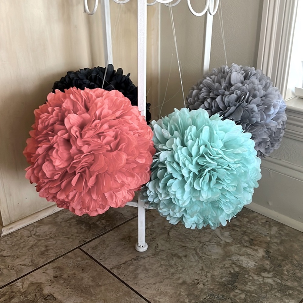 Hobby Lobby Accents, hanging floral 4-Large Poms, Navy, Turquoise, Gray, Coral